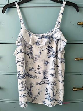 Chelsea and Theodore NWT White and Navy Toile Ruffle-Trim Camisole Top. Sz S
